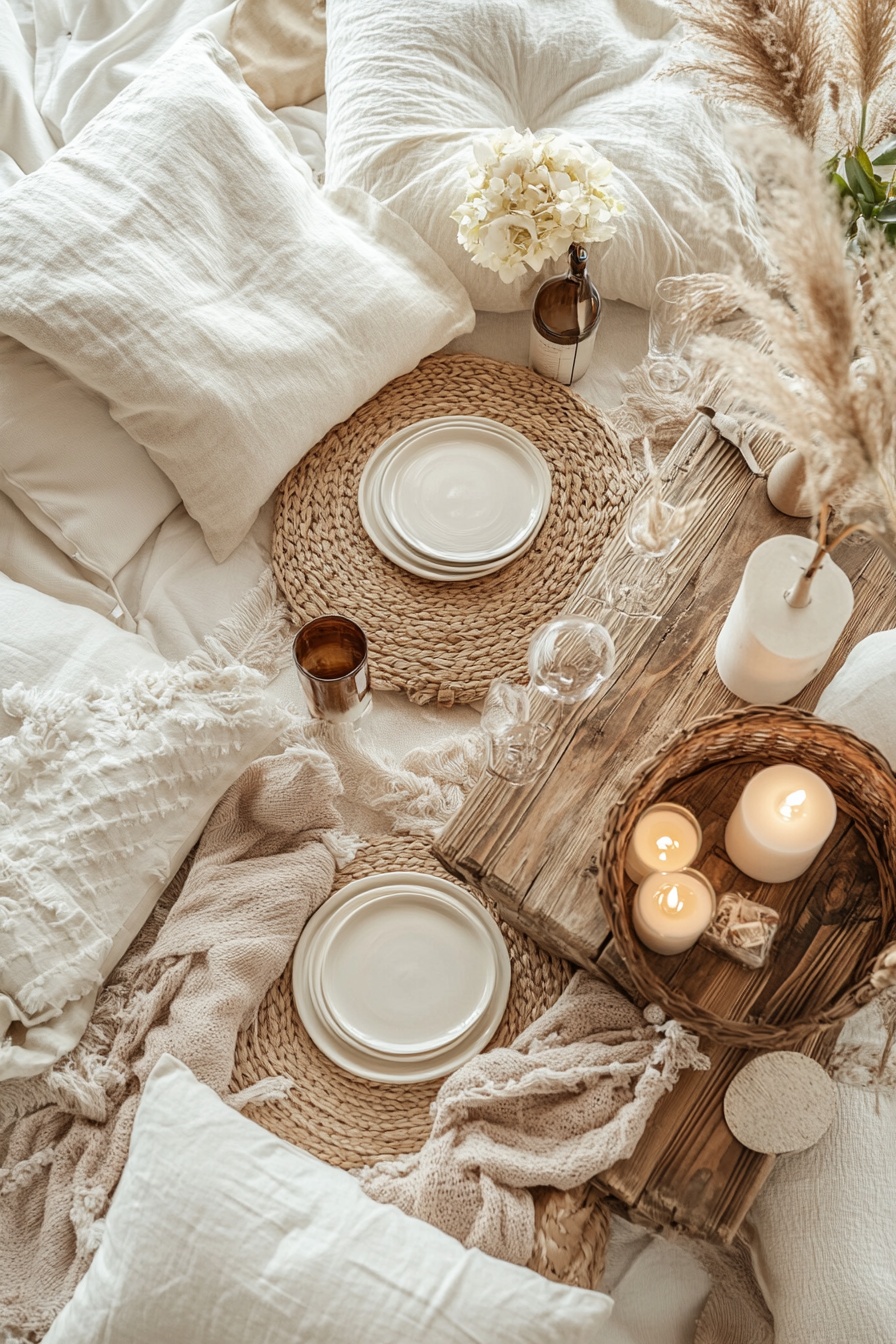 A boho picnic setup with soft cushions woven blanke 6