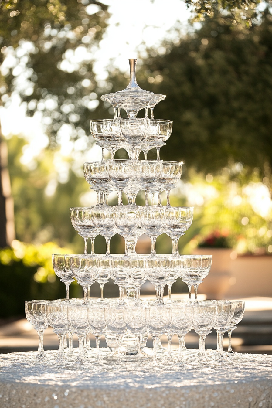 A champagne tower made of clear wine glasses with t 9