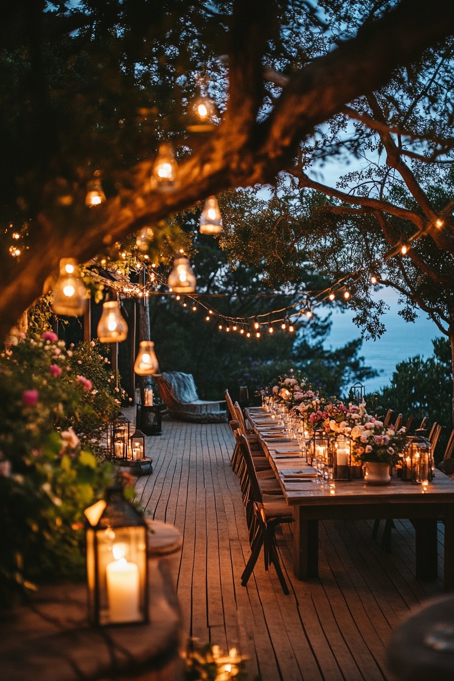 A cozy outdoor setting with string lights candles a 3