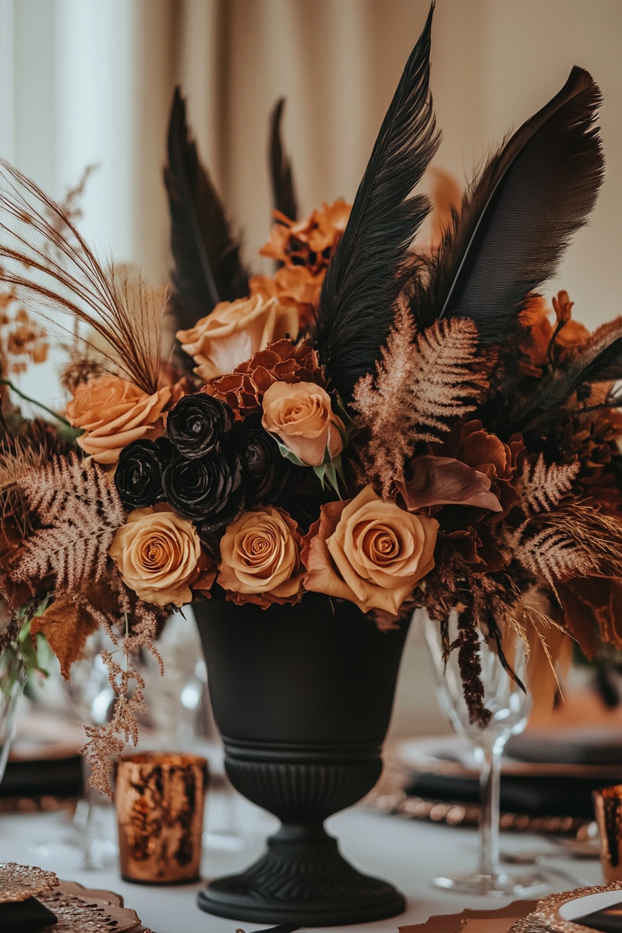 A dramatic wedding centerpiece with feathers roses 8