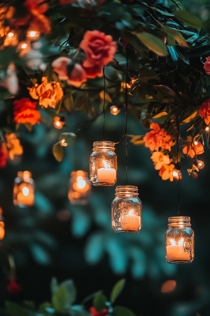 A fairy-tale wedding dinner setting with hanging ma b
