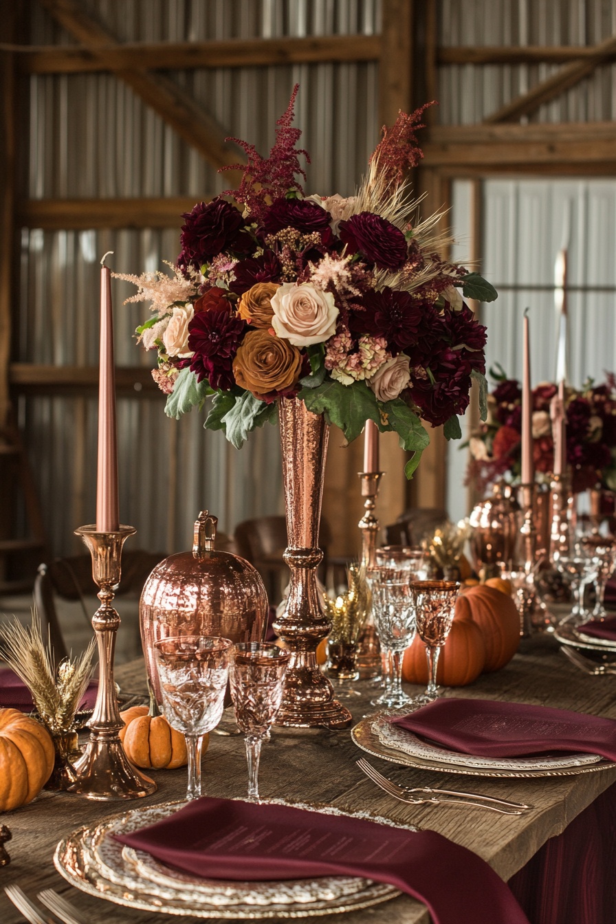 A fall wedding table setting with copper candlestic 0