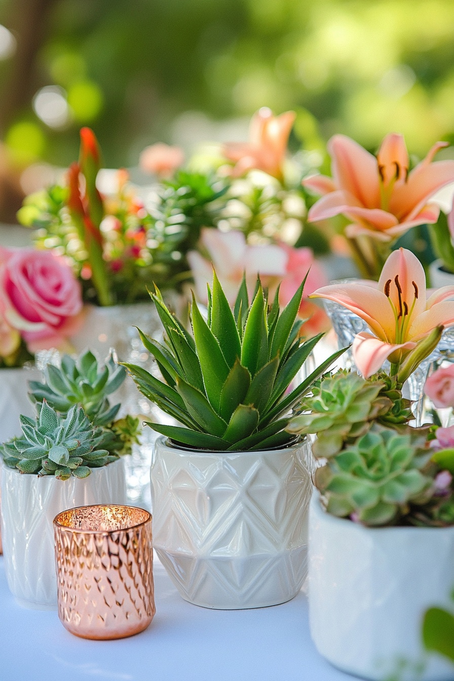 A group of white ceramic pots with geometric patter 1