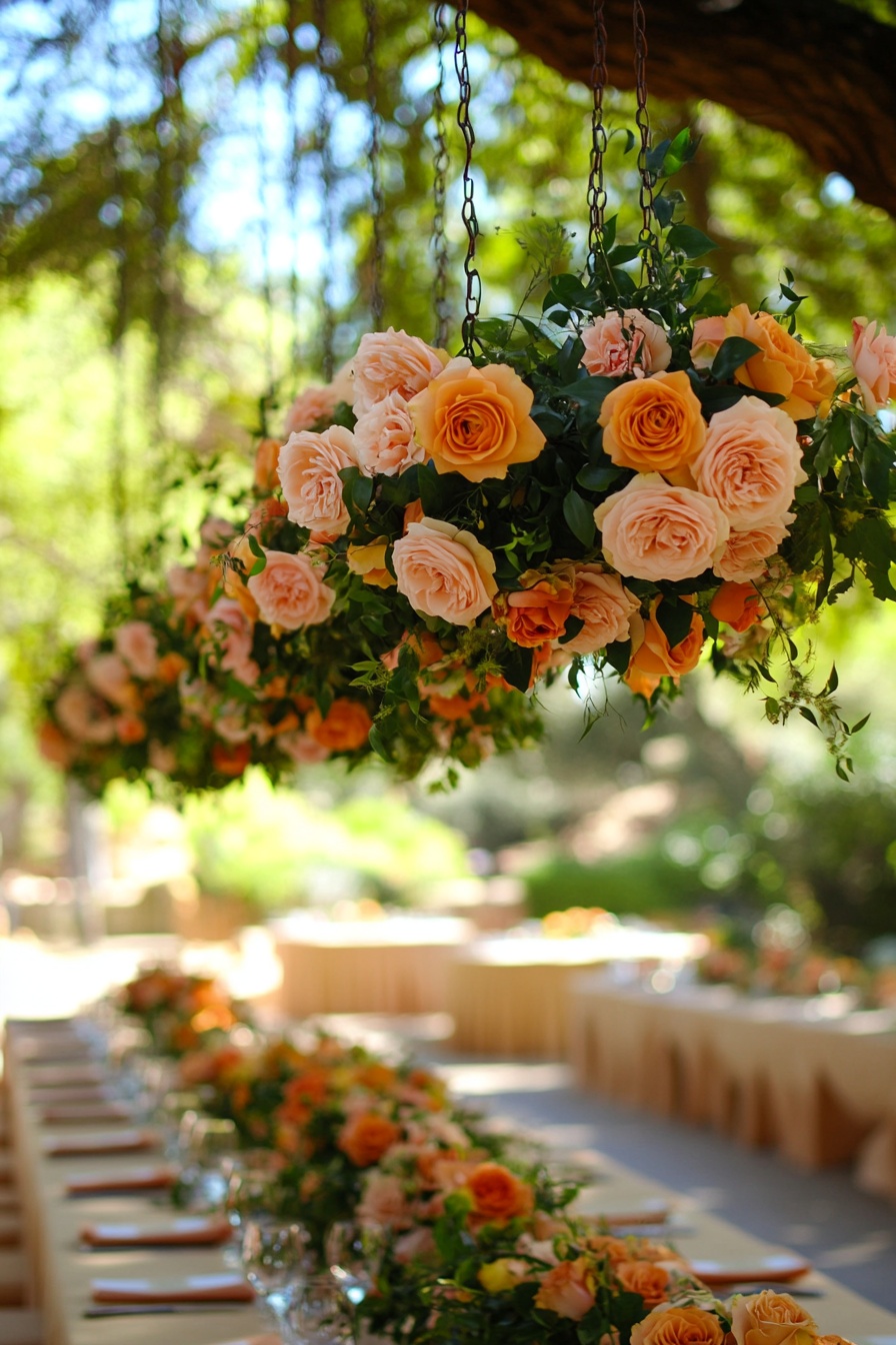 A hanging floral display of peach and orange roses 5