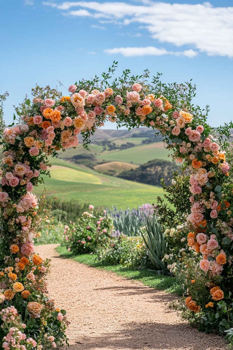 A large floral archway with roses and peonies in pa 5