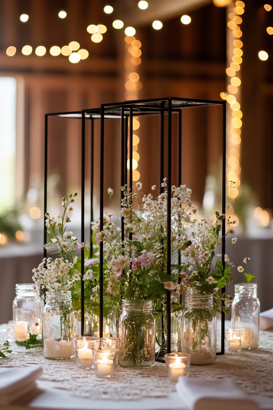 A minimalist wedding table centerpiece made of thin 5