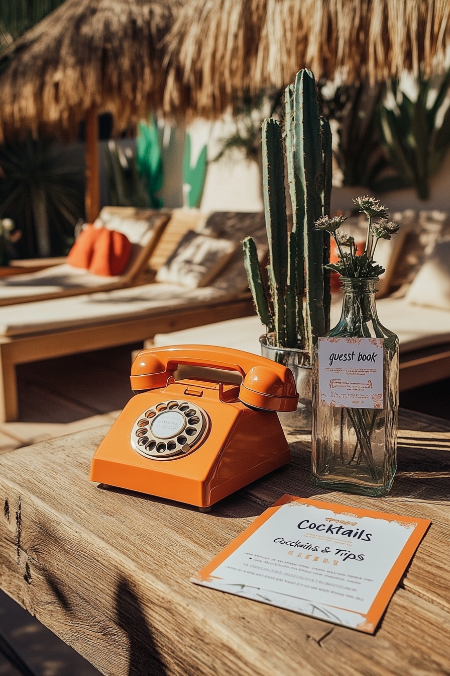 A photo of an orange vintage telephone on top of a 0