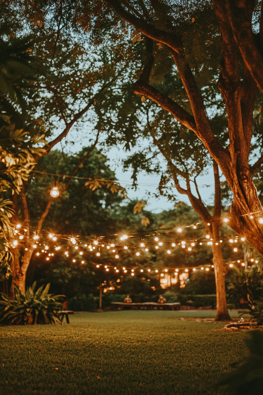 A photo of trees in the backyard with string lights 4