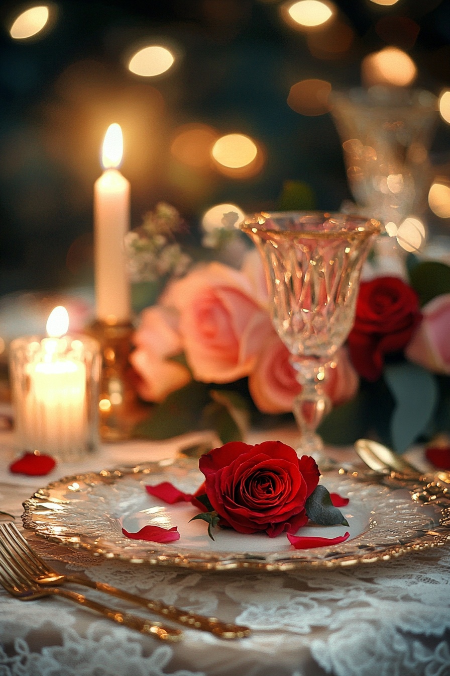 A romantic Valentines Day table setting with soft p f