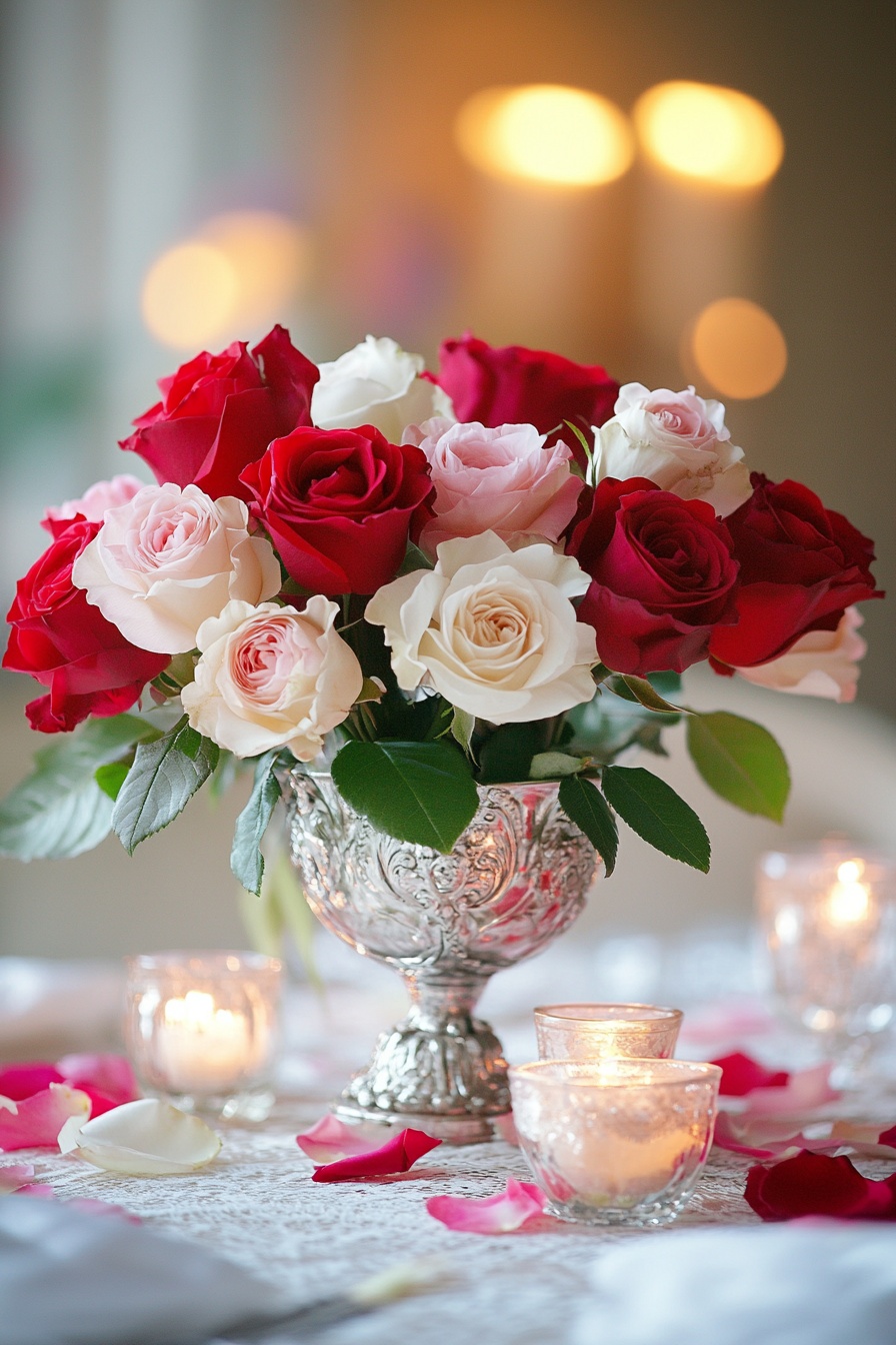 A romantic wedding centerpiece with red pink and cr b