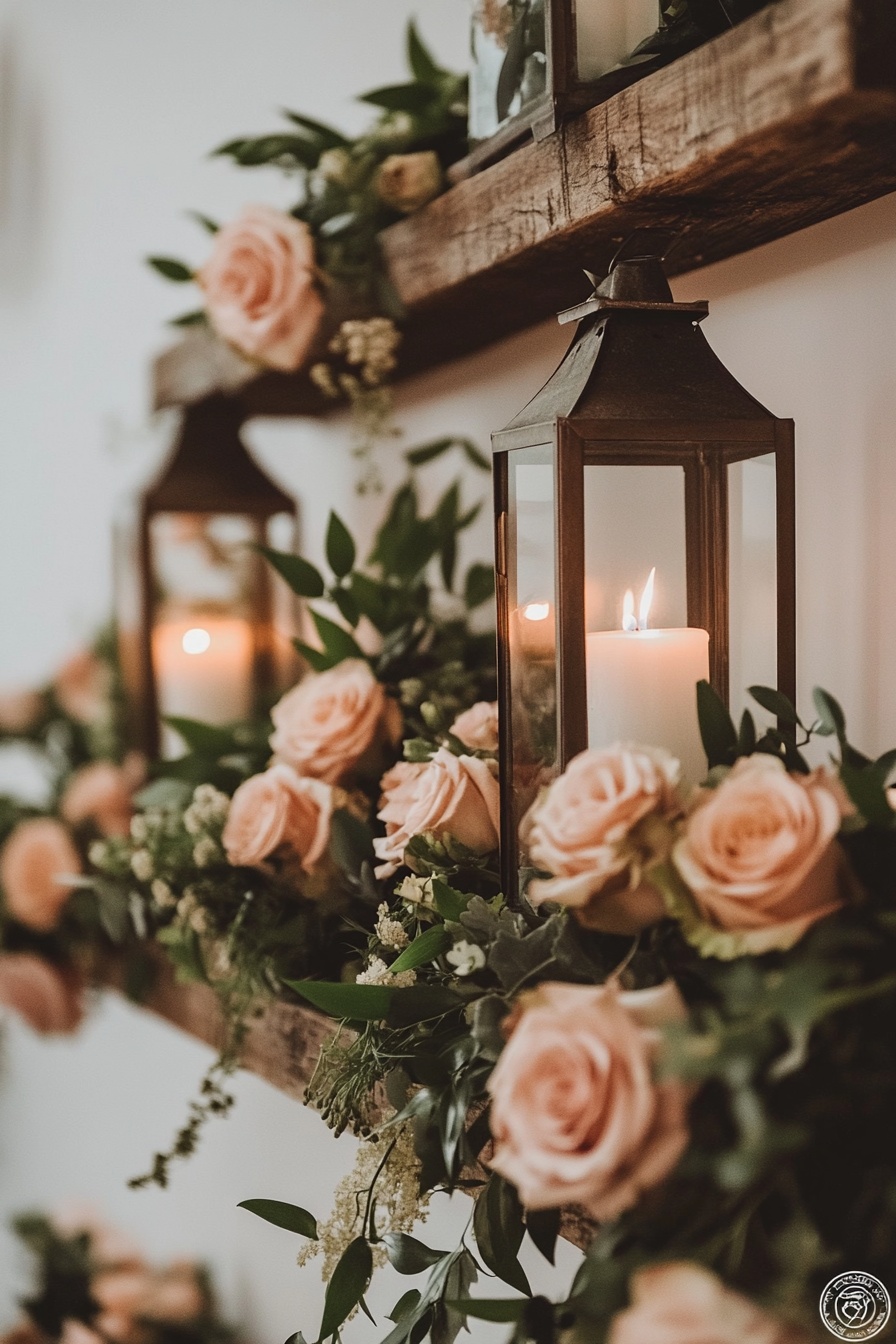 A row of vintage lanterns with candles inside each d