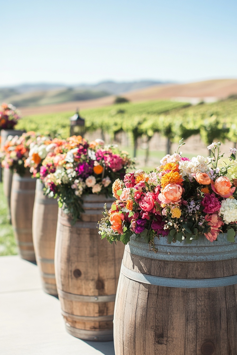 A row of wooden barrels filled with colorful flower 0