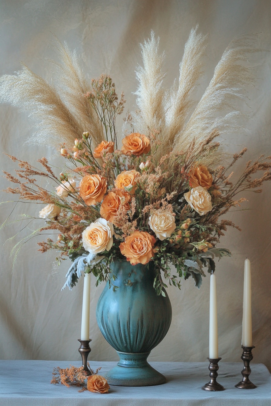 A rustic autumn wedding table centerpiece showcasin d