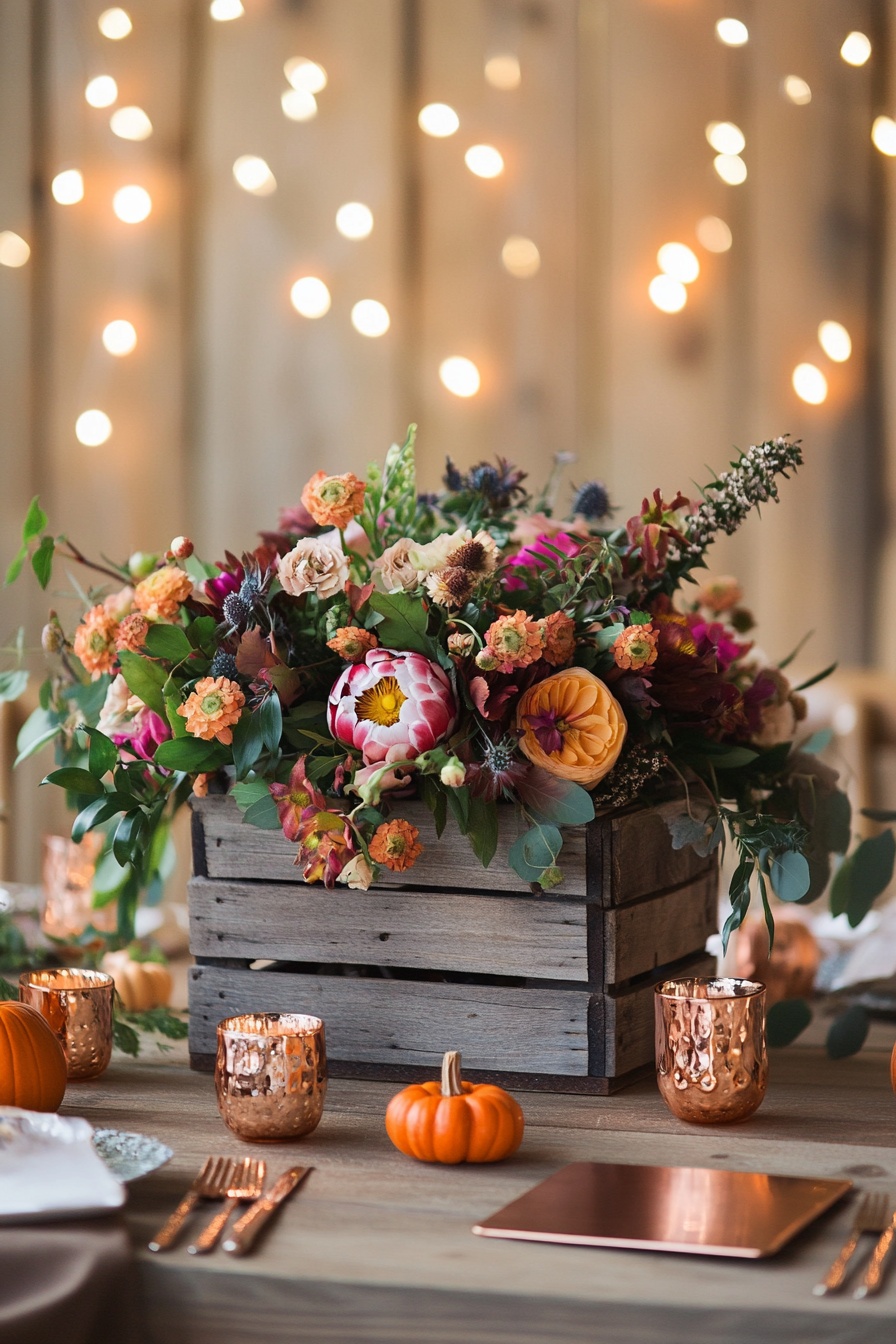 A rustic autumn wedding table setting with vibrant 9