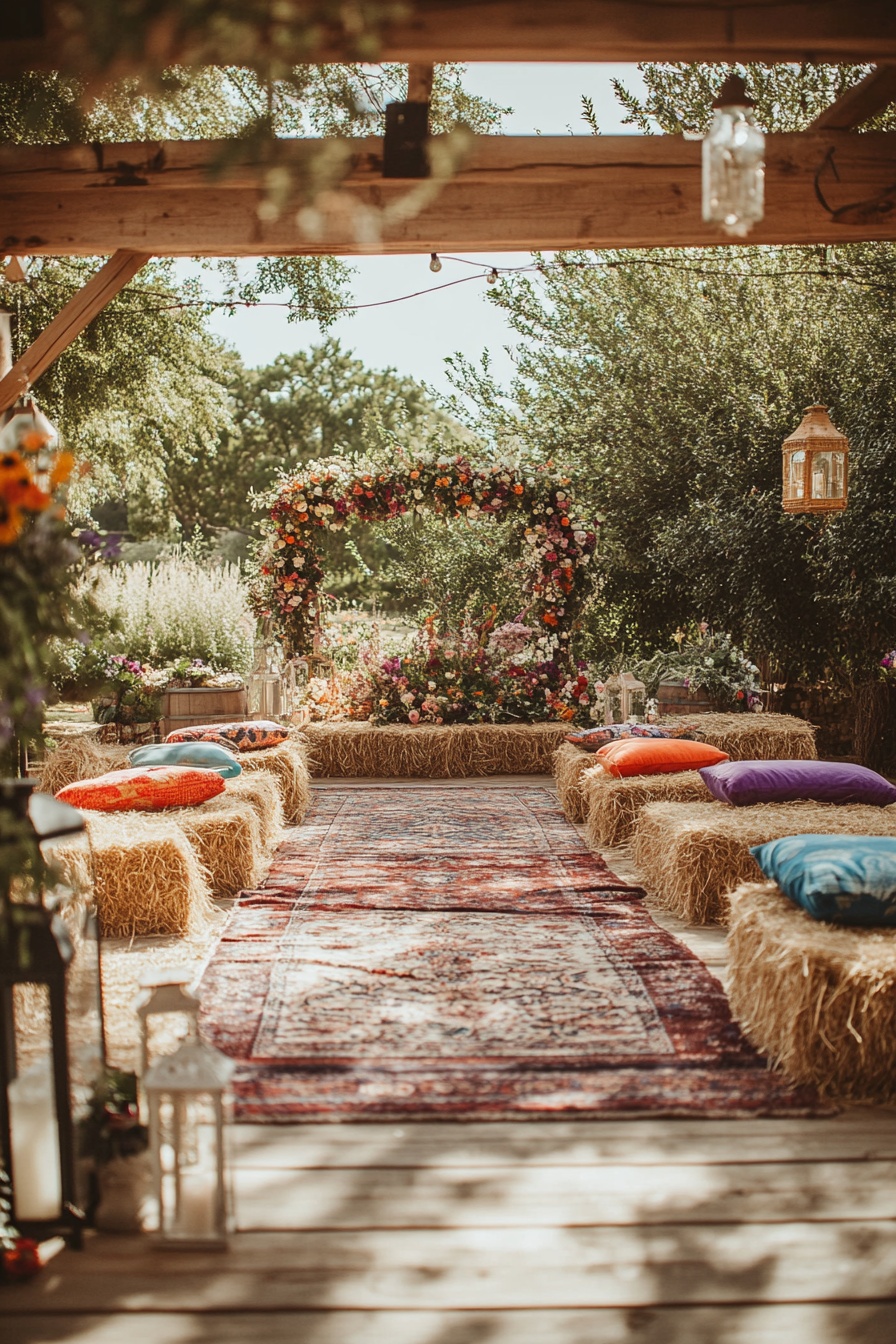 A rustic barn wedding ceremony decor with hay bales d