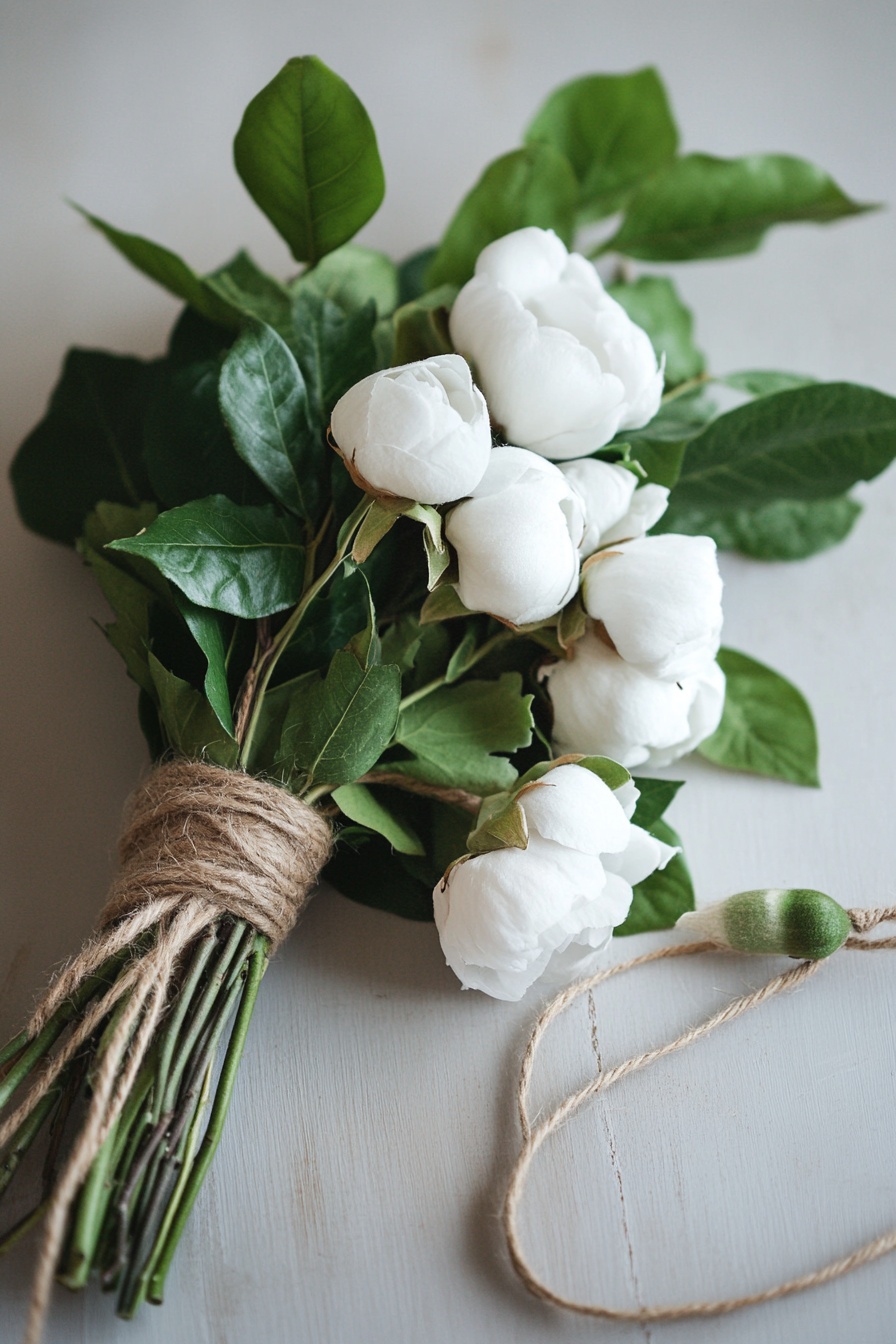 A rustic cotton bouquet with white blooms green lea f