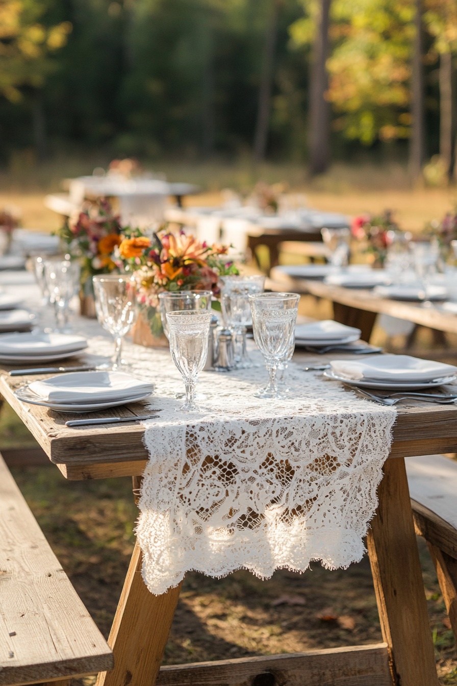 A rustic lace table runner is used to dress up the 0