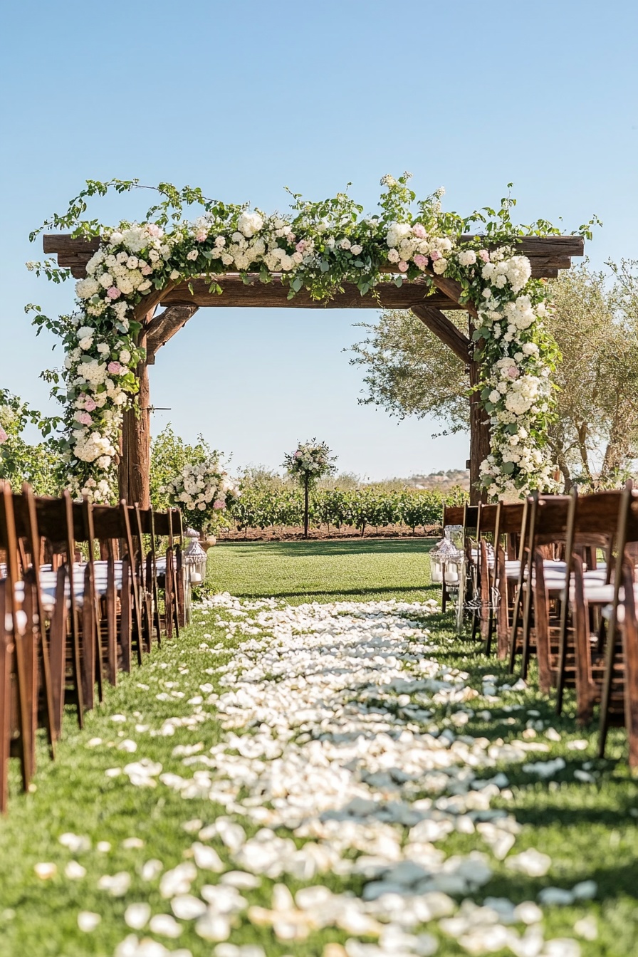 A rustic outdoor wedding ceremony decor with an arc b