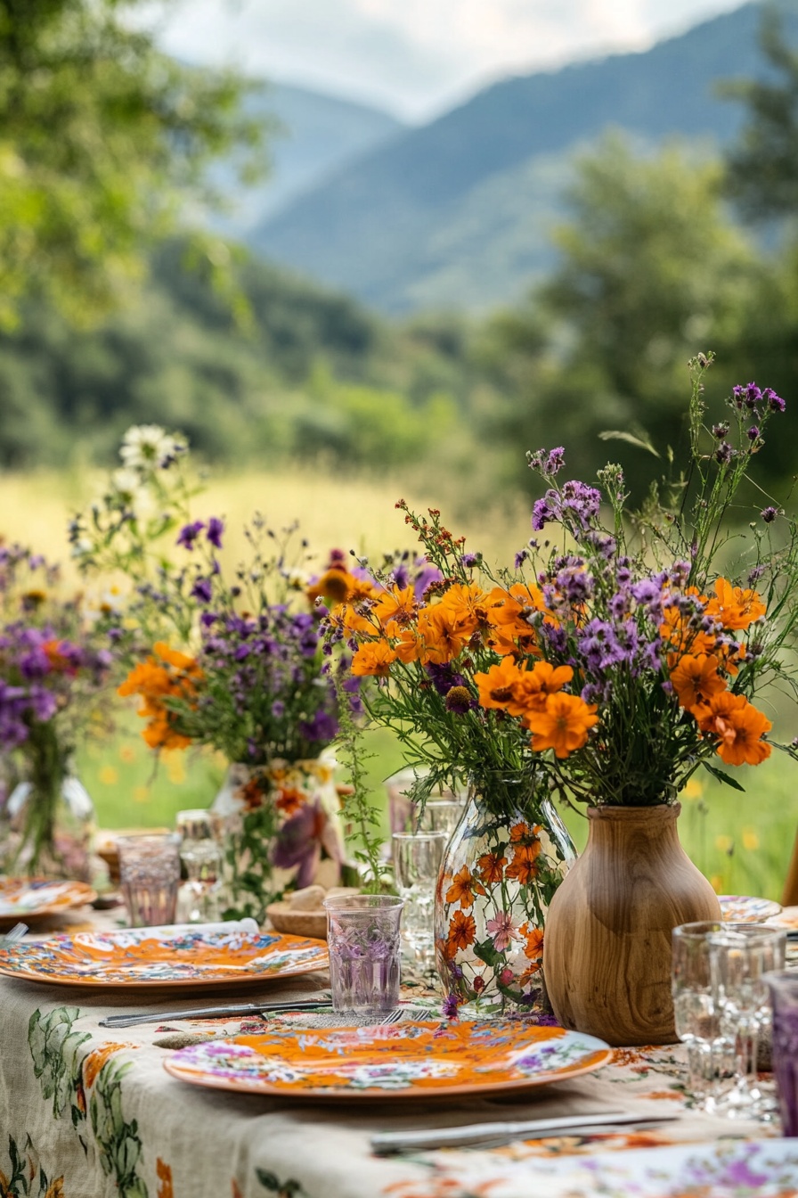 A rustic table set with vases of orange and purple b