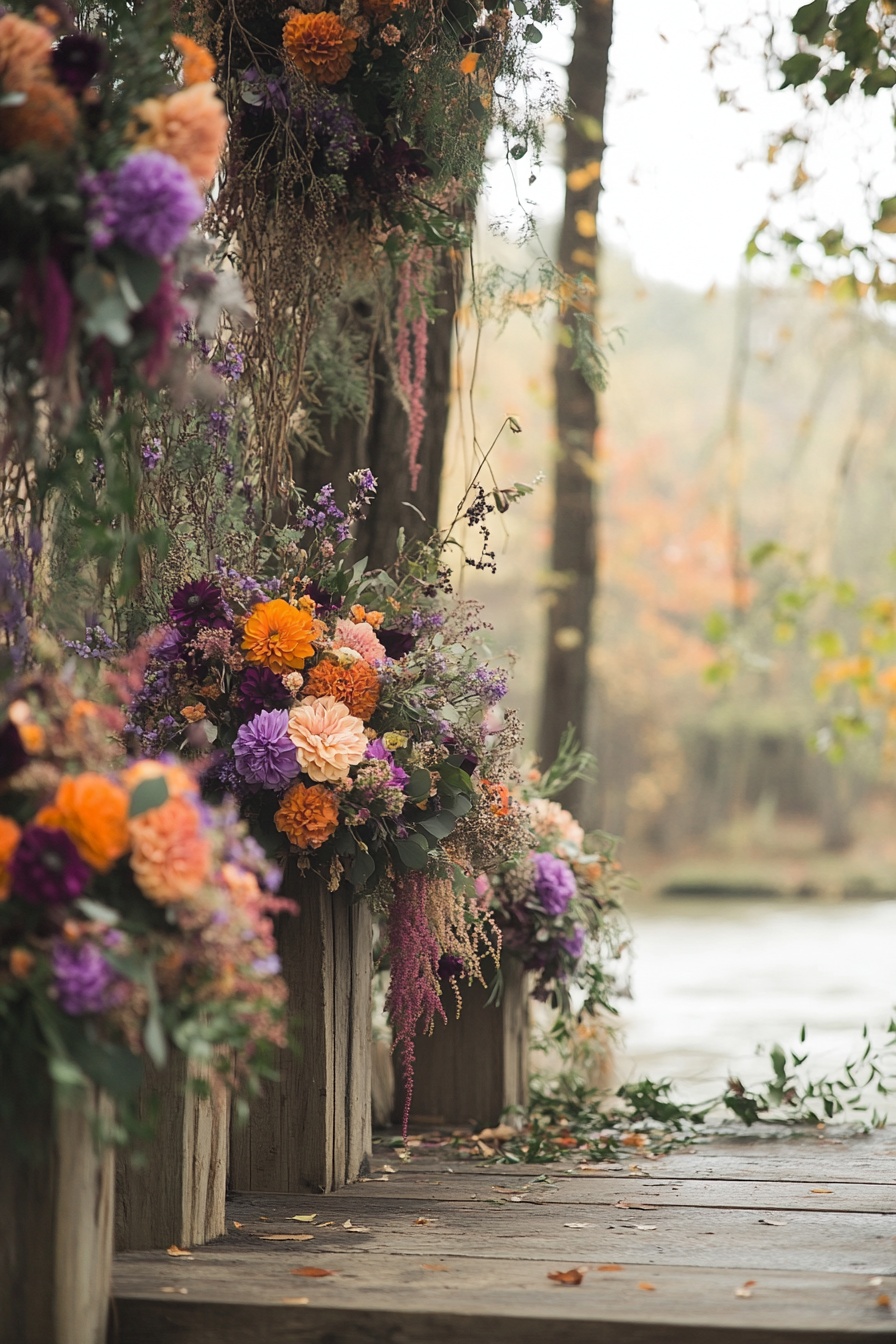 A rustic wedding ceremony decor featuring hanging f e