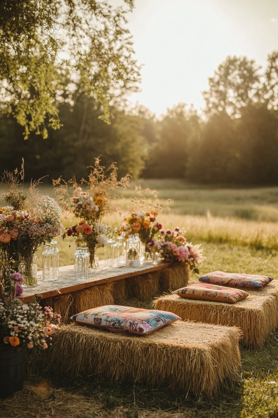 A rustic wedding ceremony decor with hay bales surr 8