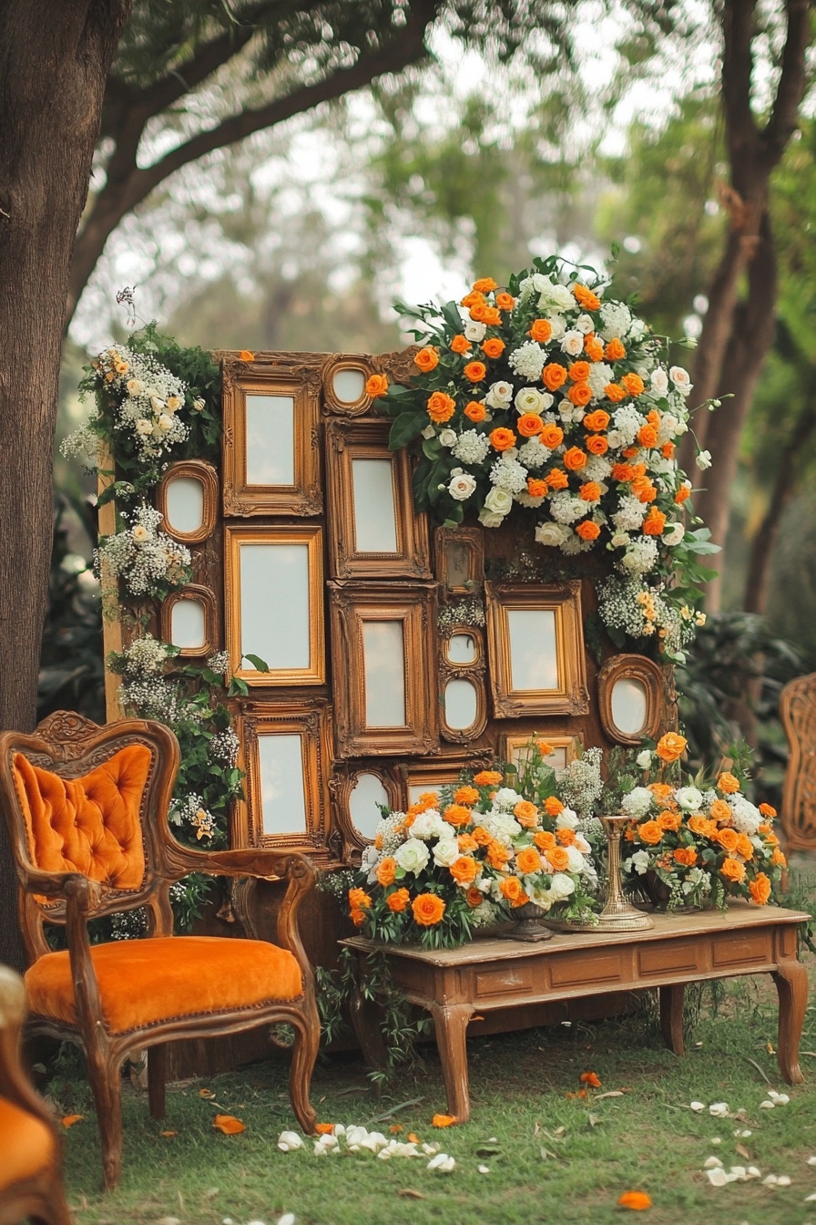 A rustic wedding photo wall adorned with orange and 3