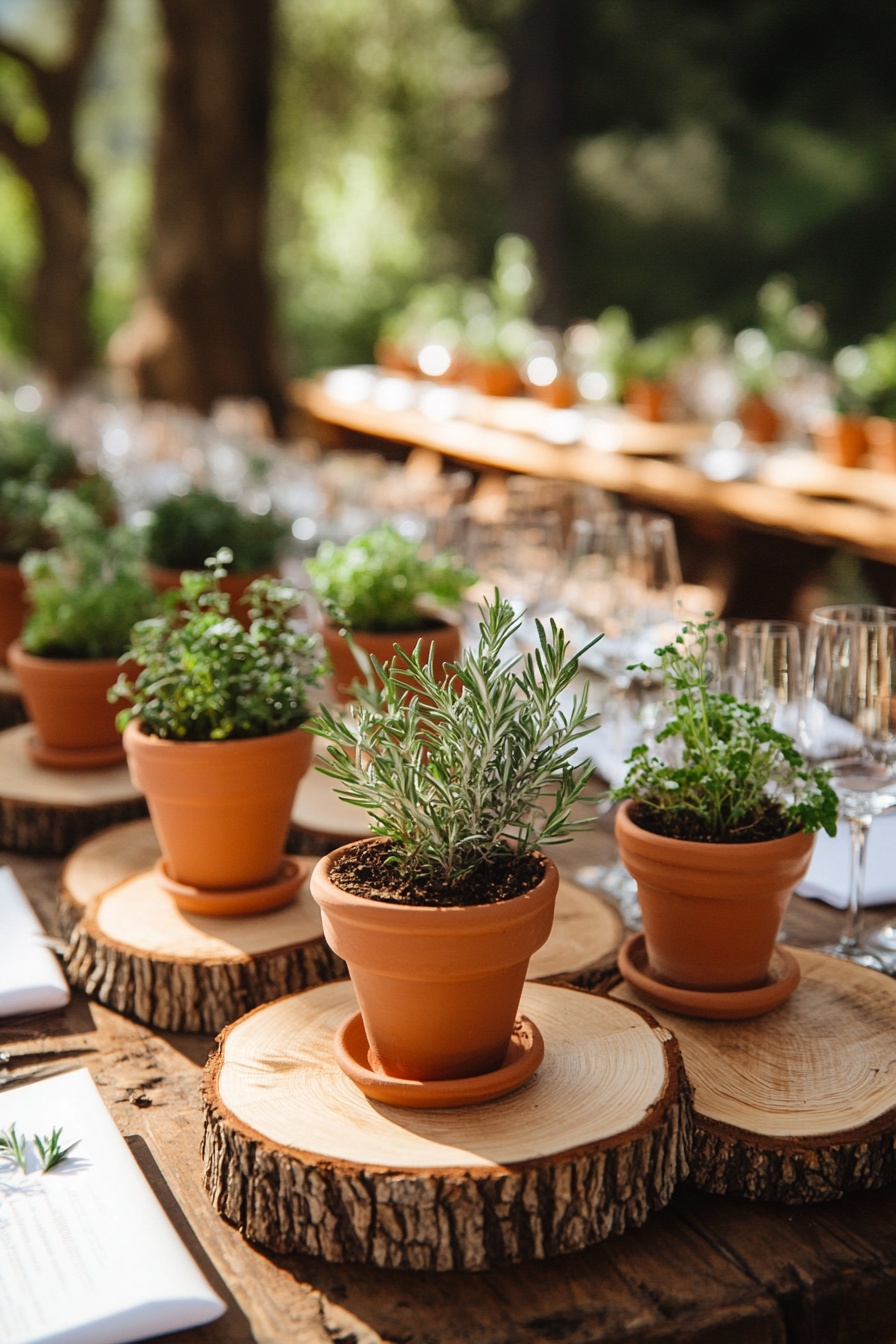A rustic wedding table set with terracotta pots of b
