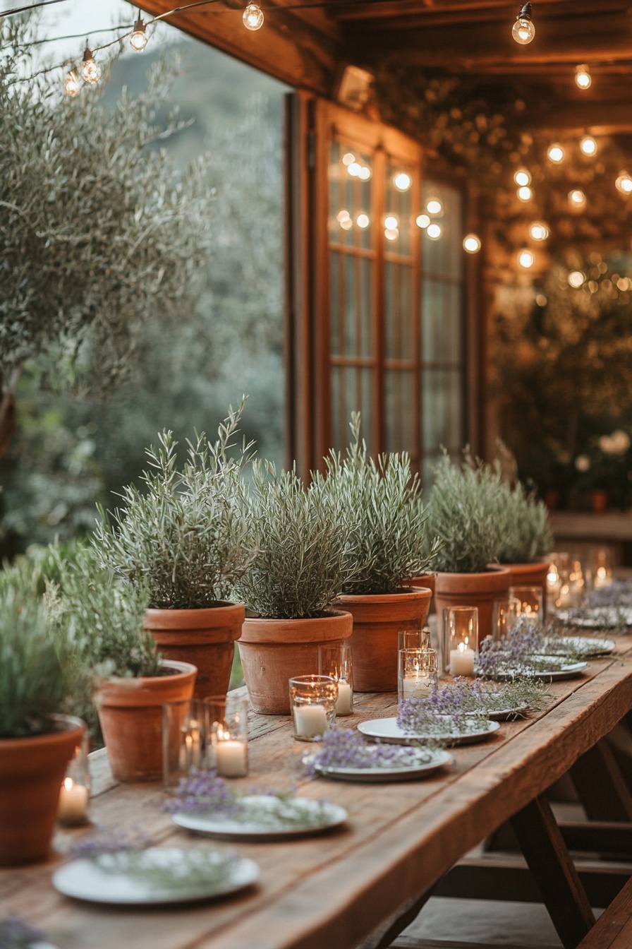 A rustic wedding table set with terracotta pots of c