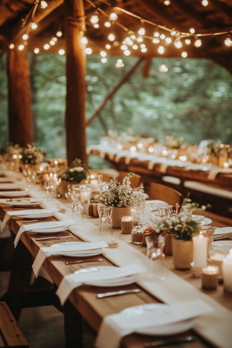 A rustic wedding table setting with burlap and wood 1