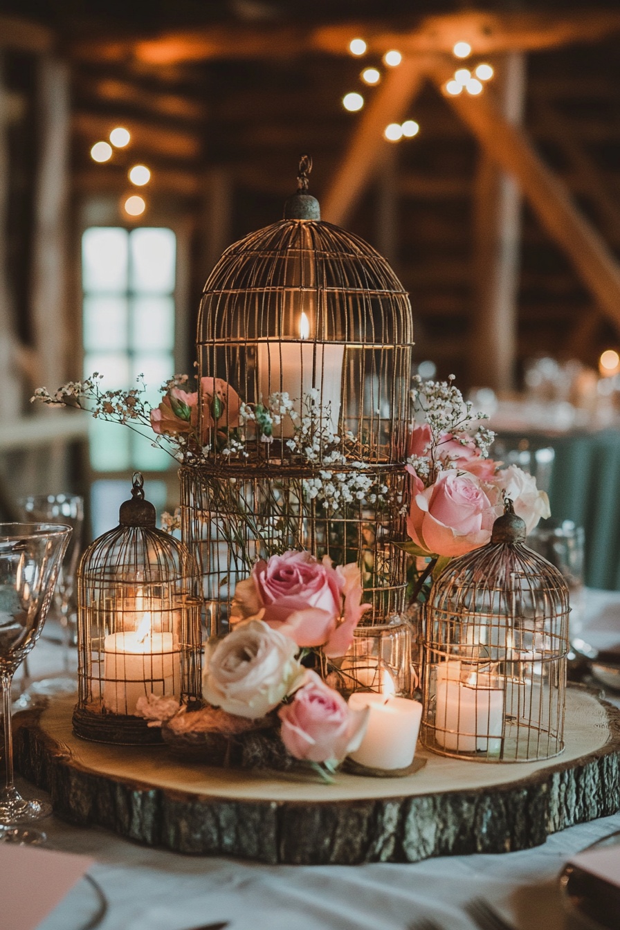 A rustic wedding table setting with vintage birdcag 5