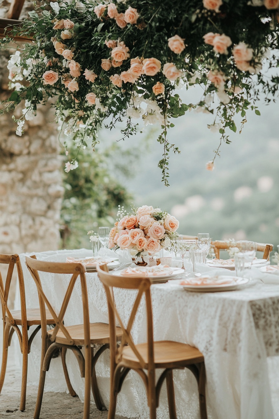 A rustic wedding table setting with white linen woo 1