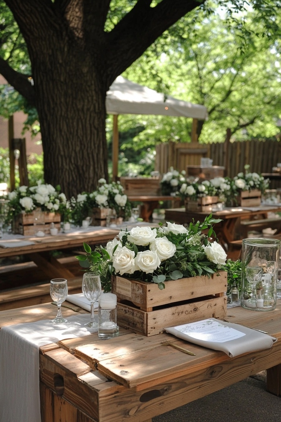 A rustic wedding table setting with wooden crates a b