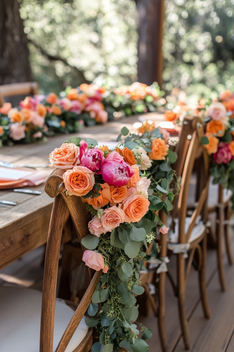 A rustic wedding table with orange and pink floral 8