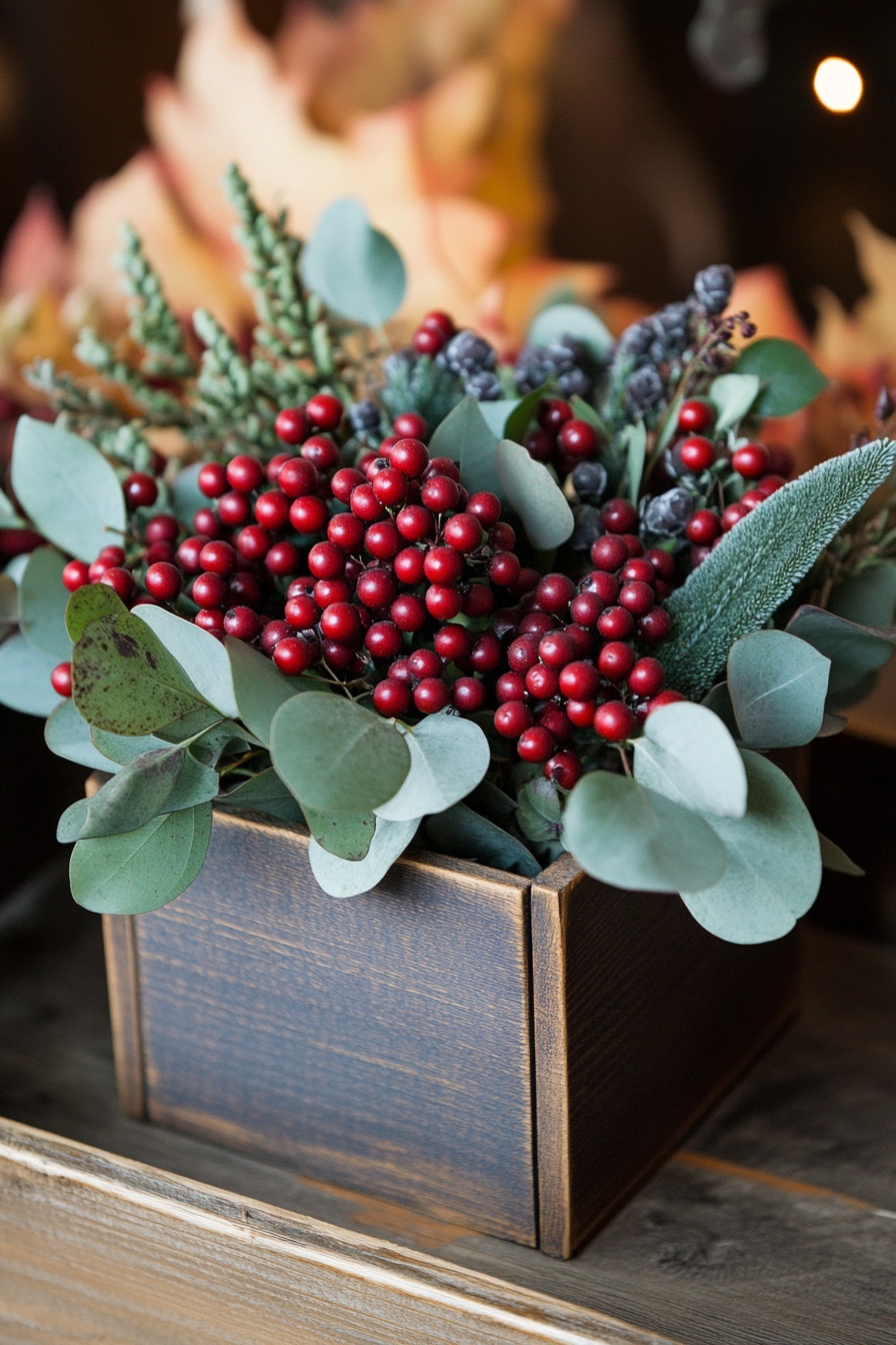 A rustic wooden box filled with burgundy berries da 3