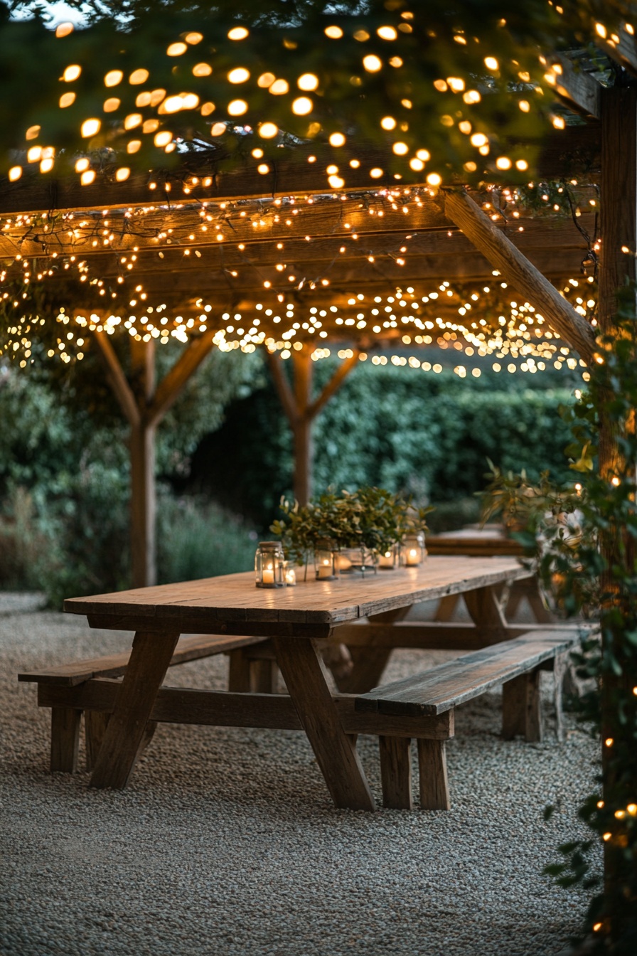 A rustic wooden table and bench set under an arbor a