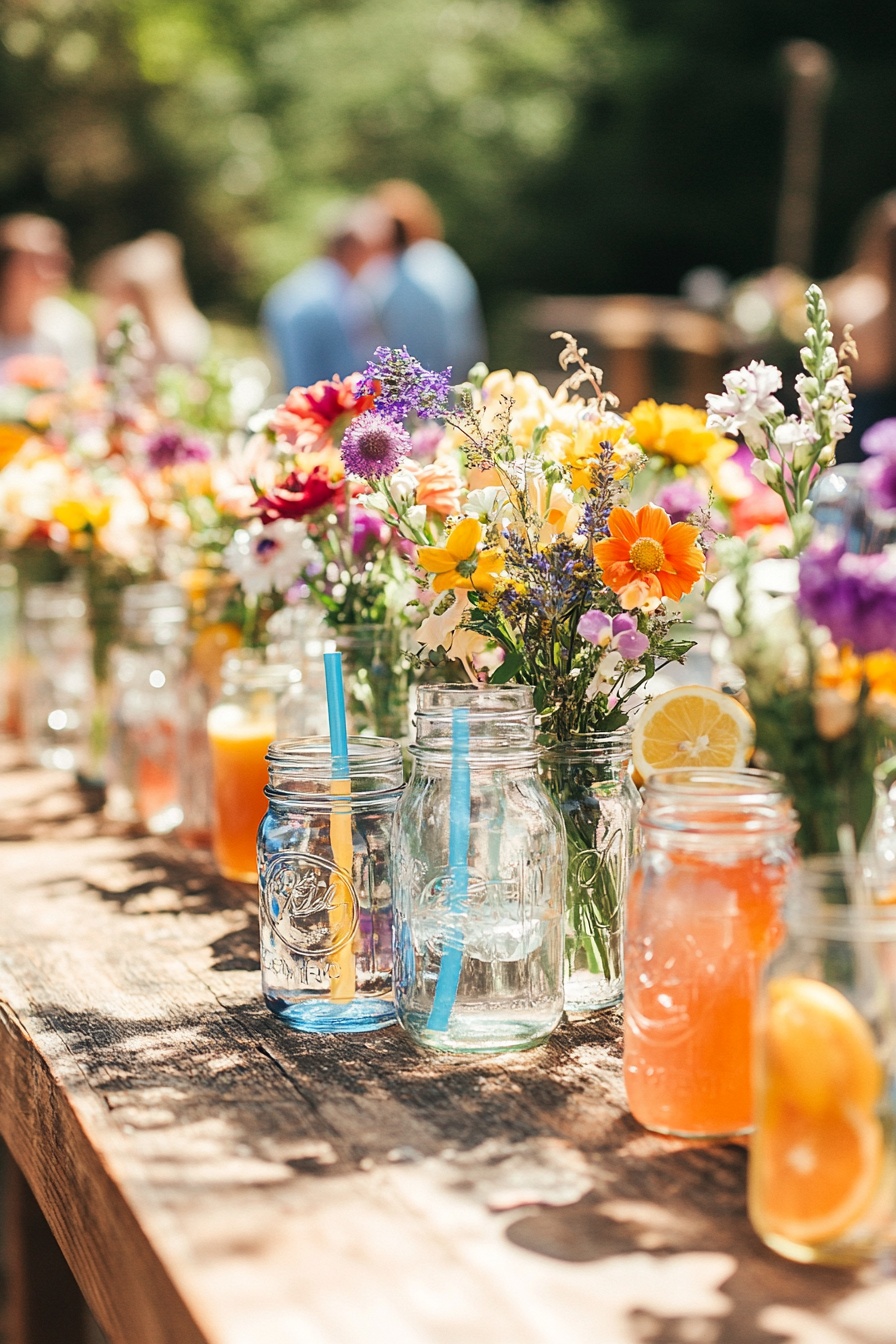 A rustic wooden table is set with mason jars filled 7