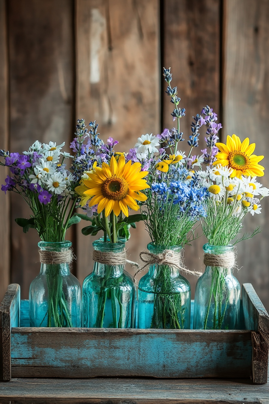 A rustic wooden tray with glass vases filled with w 3