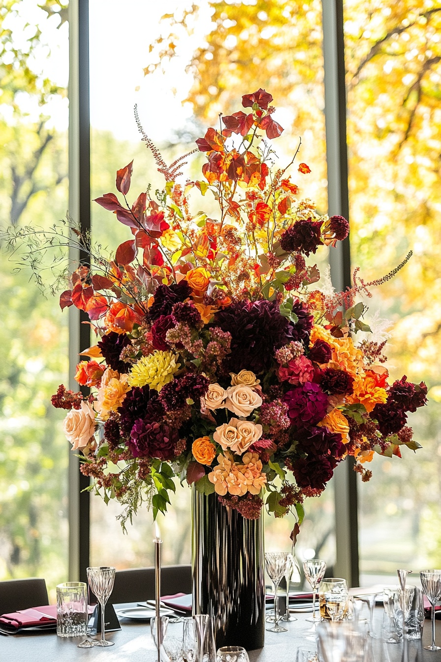 A tall central floral arrangement with autumn leave a