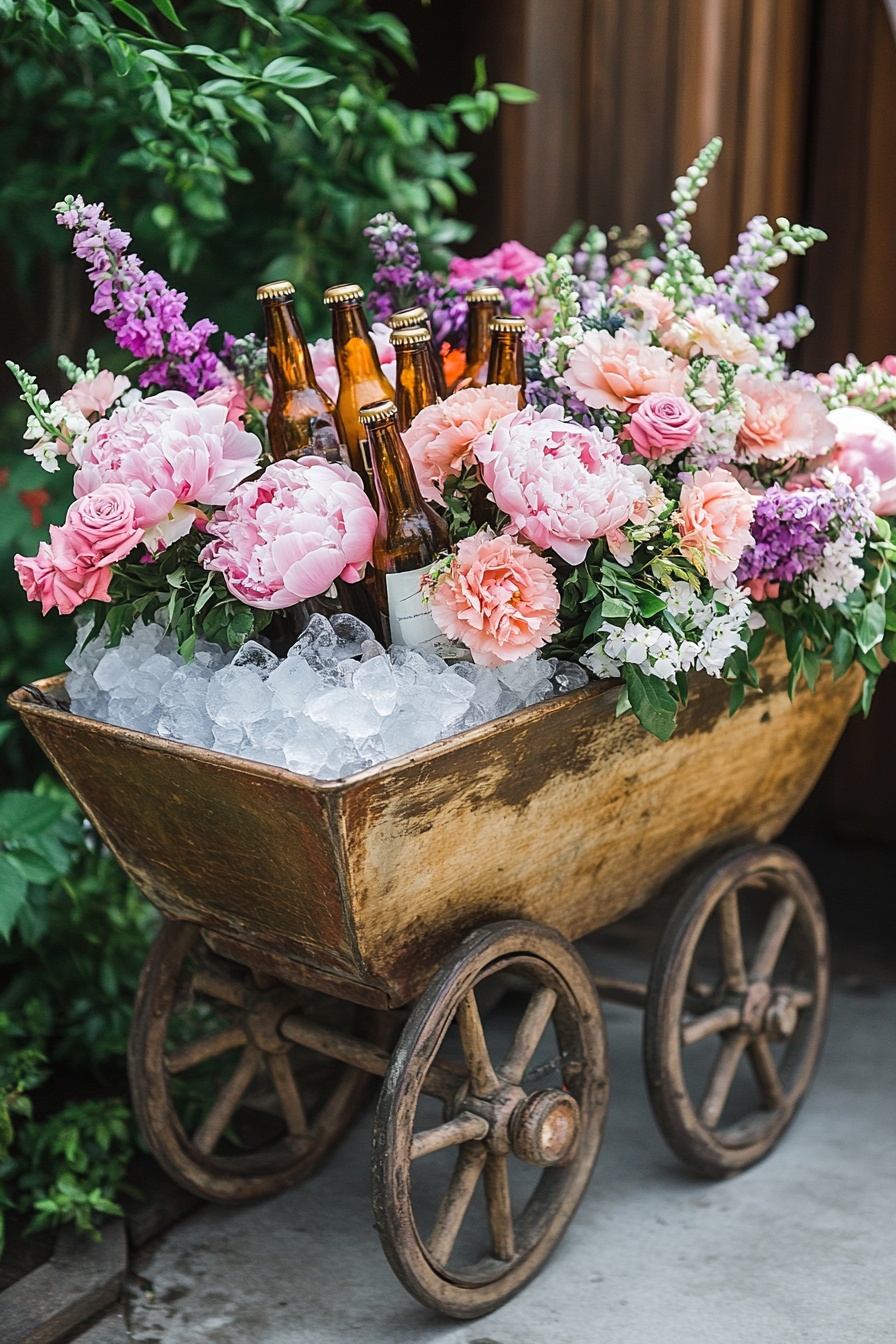 A vintage wheelbarrow cart filled with ice and bott 2