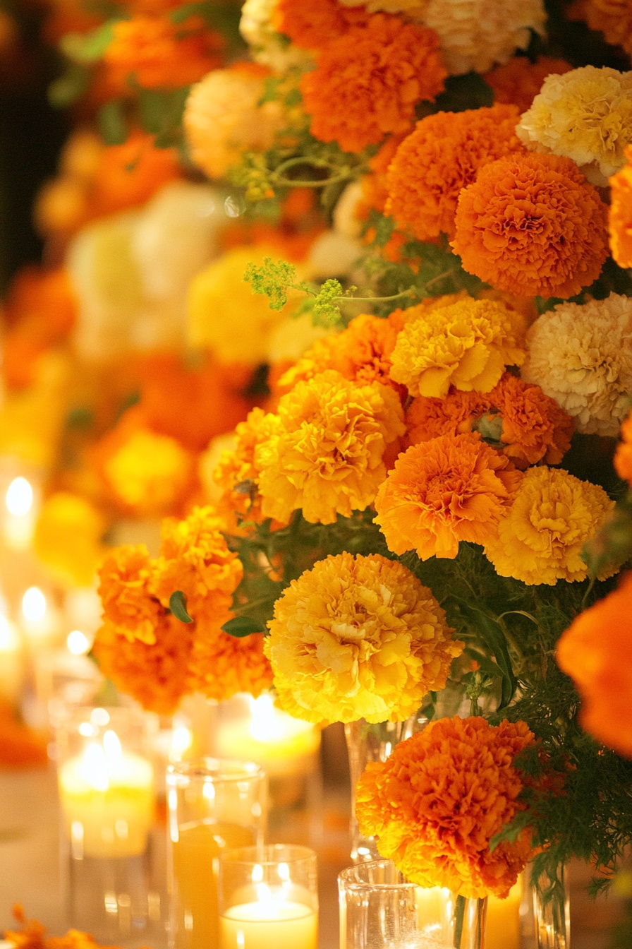 A wedding table with an abundance of marigolds in s 7