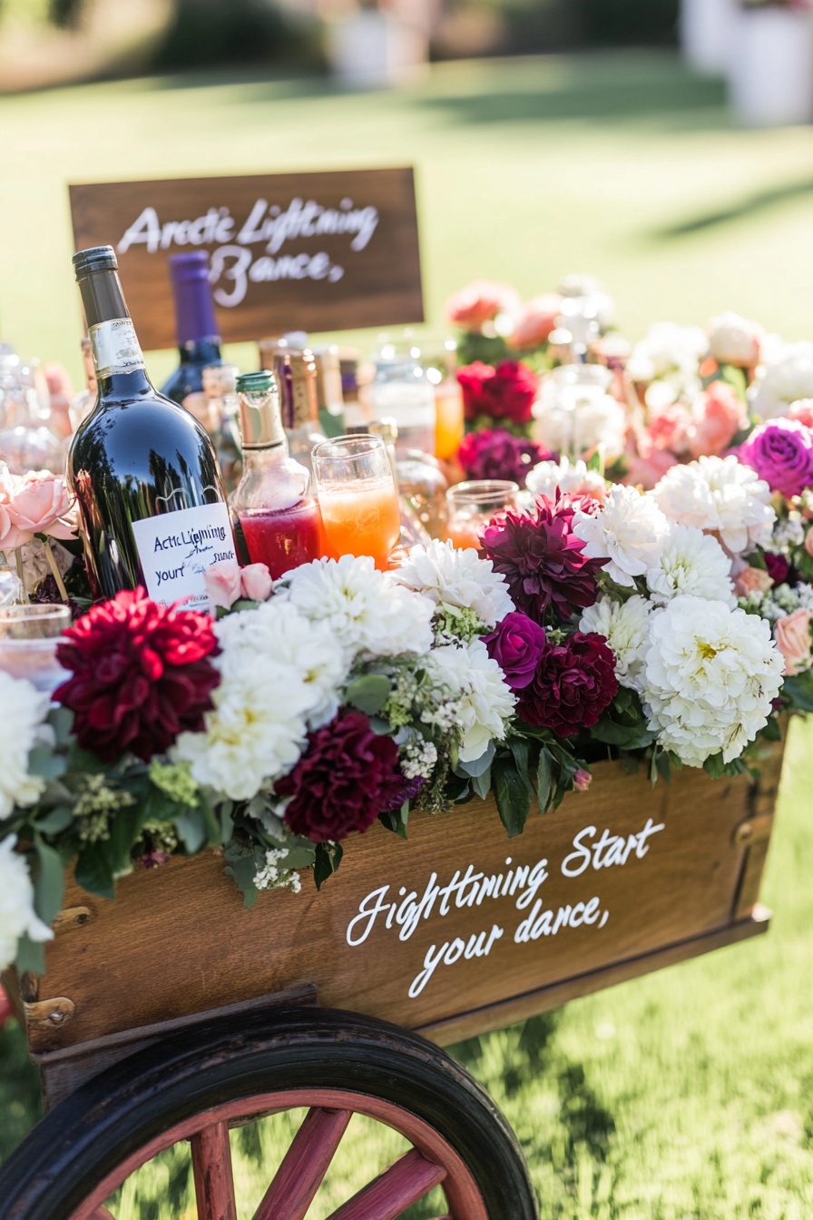 A wheelbarrow decorated with white and burgundy flo d