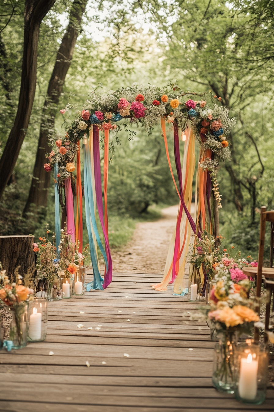 A whimsical wedding ceremony decor featuring an arc 9