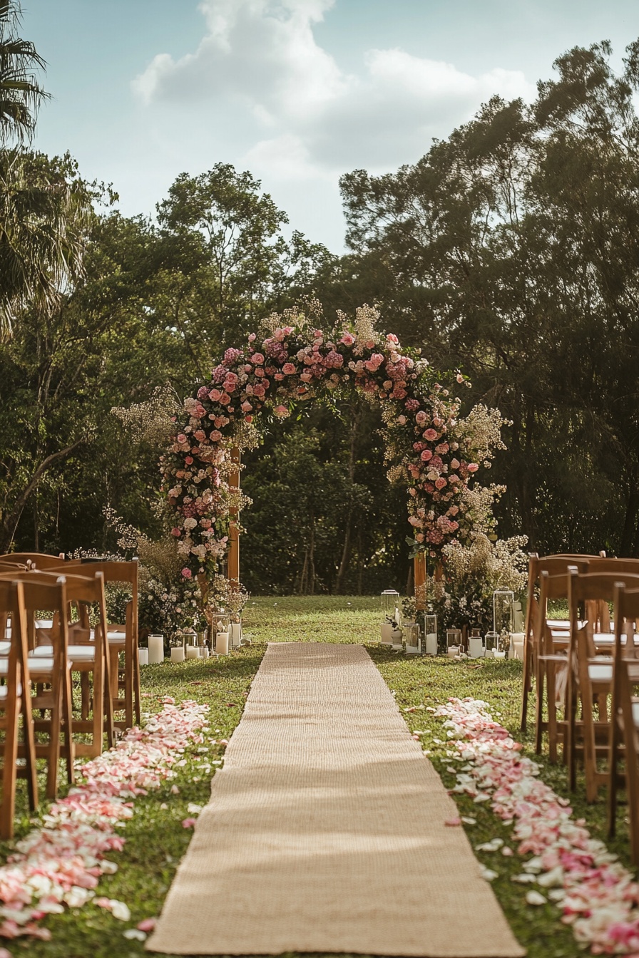 An outdoor wedding ceremony decor with an arch made 8