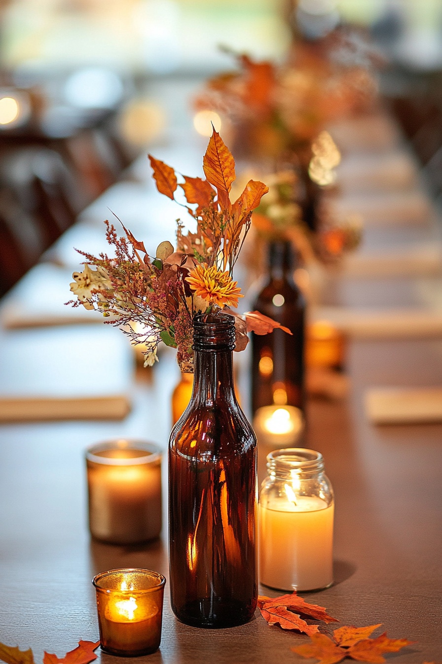 Fall wedding table centerpieces with brown glass bo e