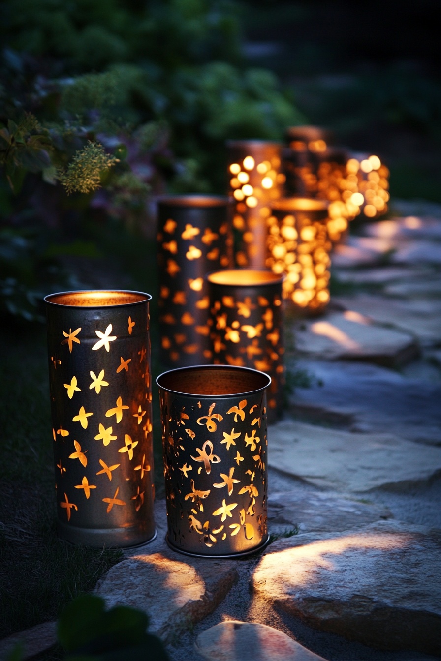 In an outdoor setting metallic tin cans with cut-ou 0