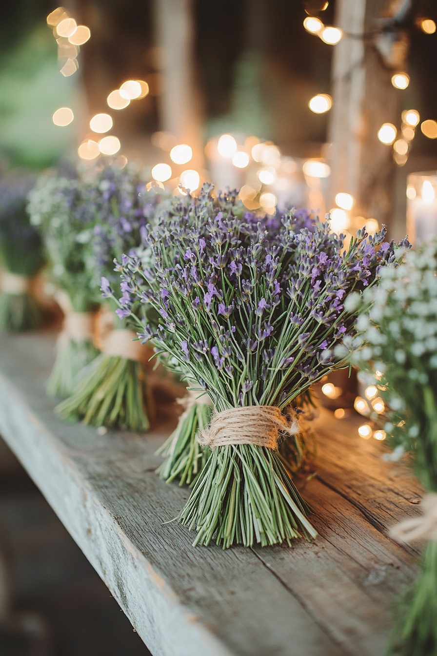 Lavender and rosemary bouquets tied with twine disp 4