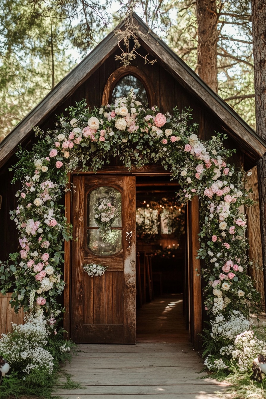 The front door of the wedding venue is decorated wi 3