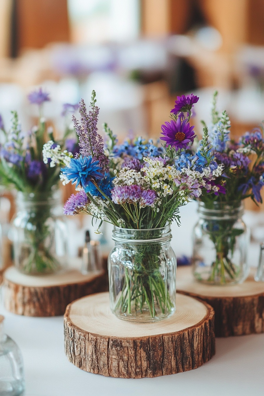 Wooden slices on the table with wildflowers in maso 3
