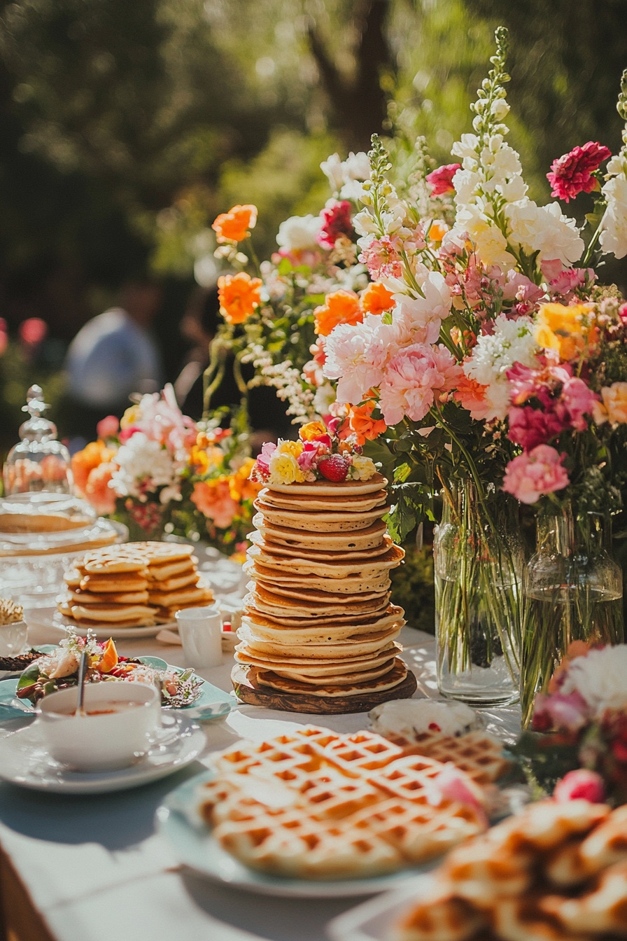 Breakfast Spread with Pancakes and Fresh Flowers