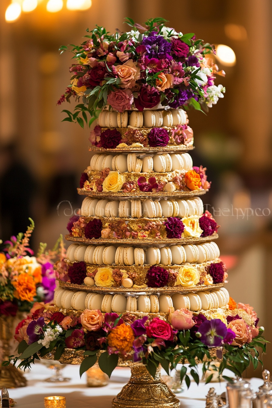 Macaron Cake Featuring Lavish Roses and Golden Accents